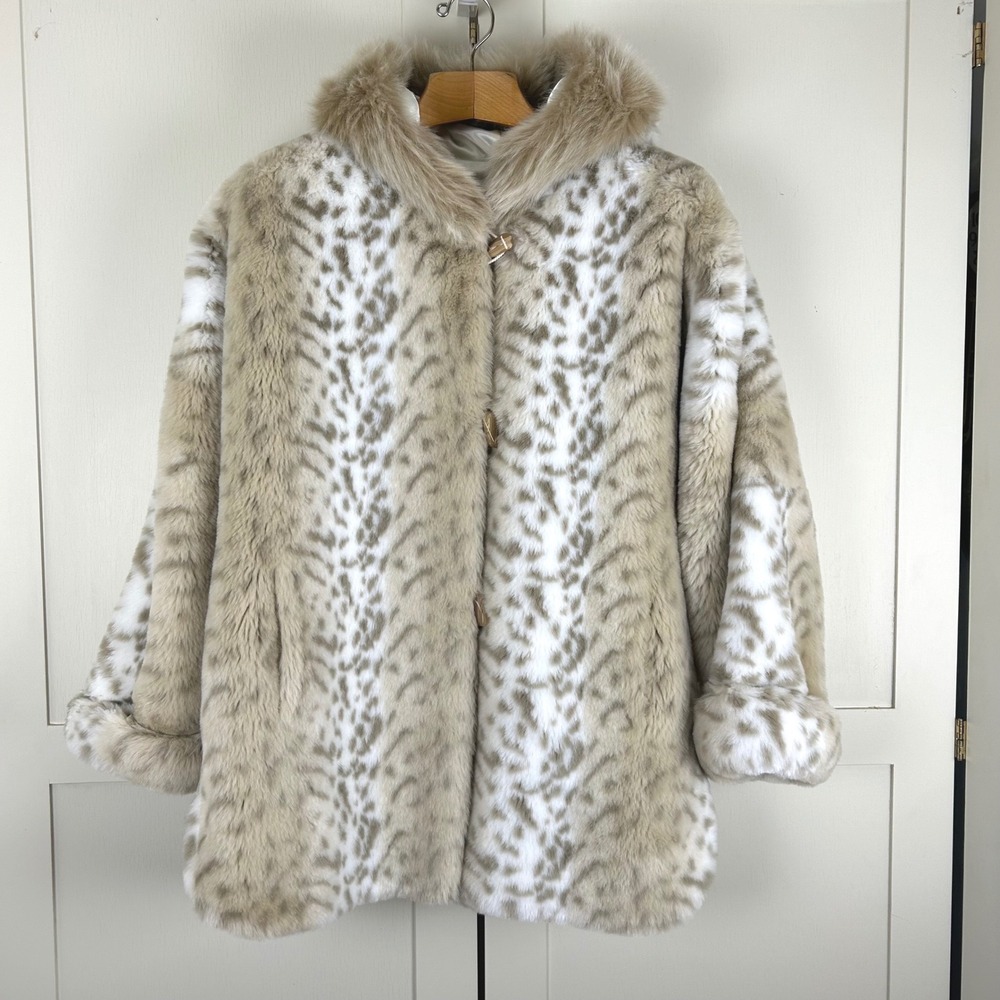 Vintage Faux Fur Coat Women L Snow Leopard Hooded Toggle Glam Mob Wife Luxury
